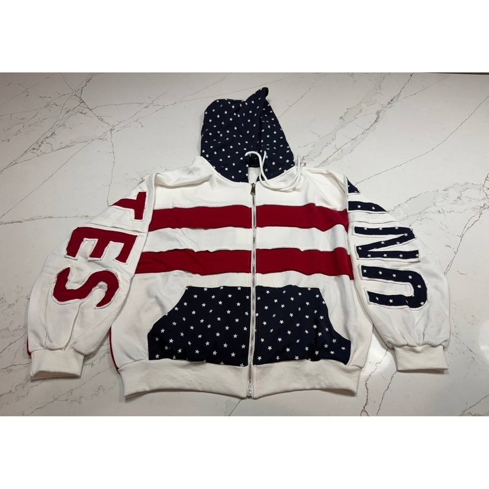 United States Red White Blue USA Flag Oversized Zip Up Hoodie Size S - Picture 6 of 12